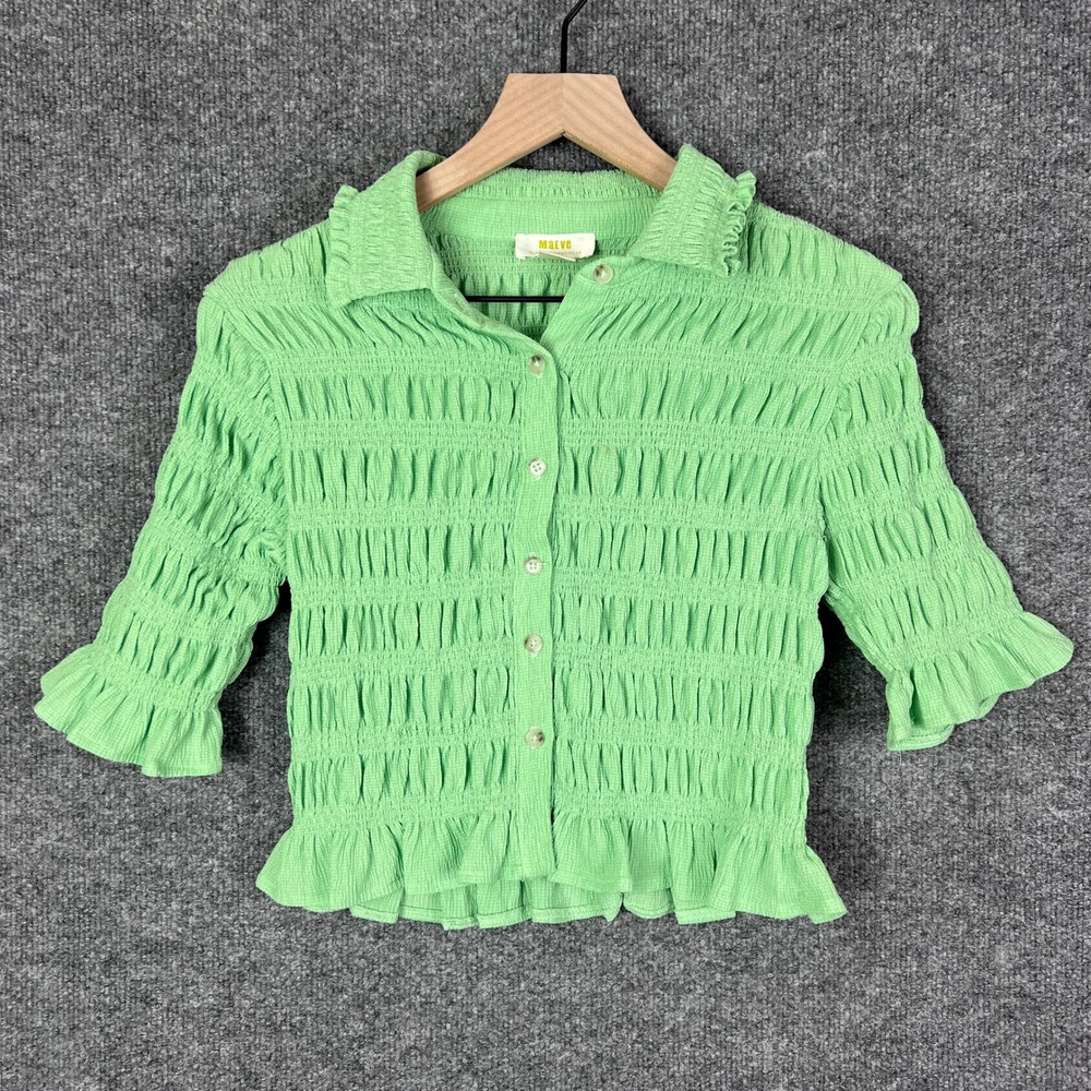 Maeve Anthropologie Green Smocked Button Up Ruffle Trim 3/4 Sleeve Top XXS
